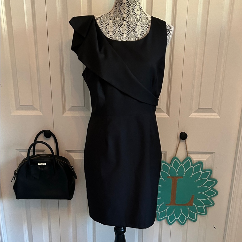 H&M Black Asymmetrical Dress with Ruffle Shoulder and Drape Across Front Size L